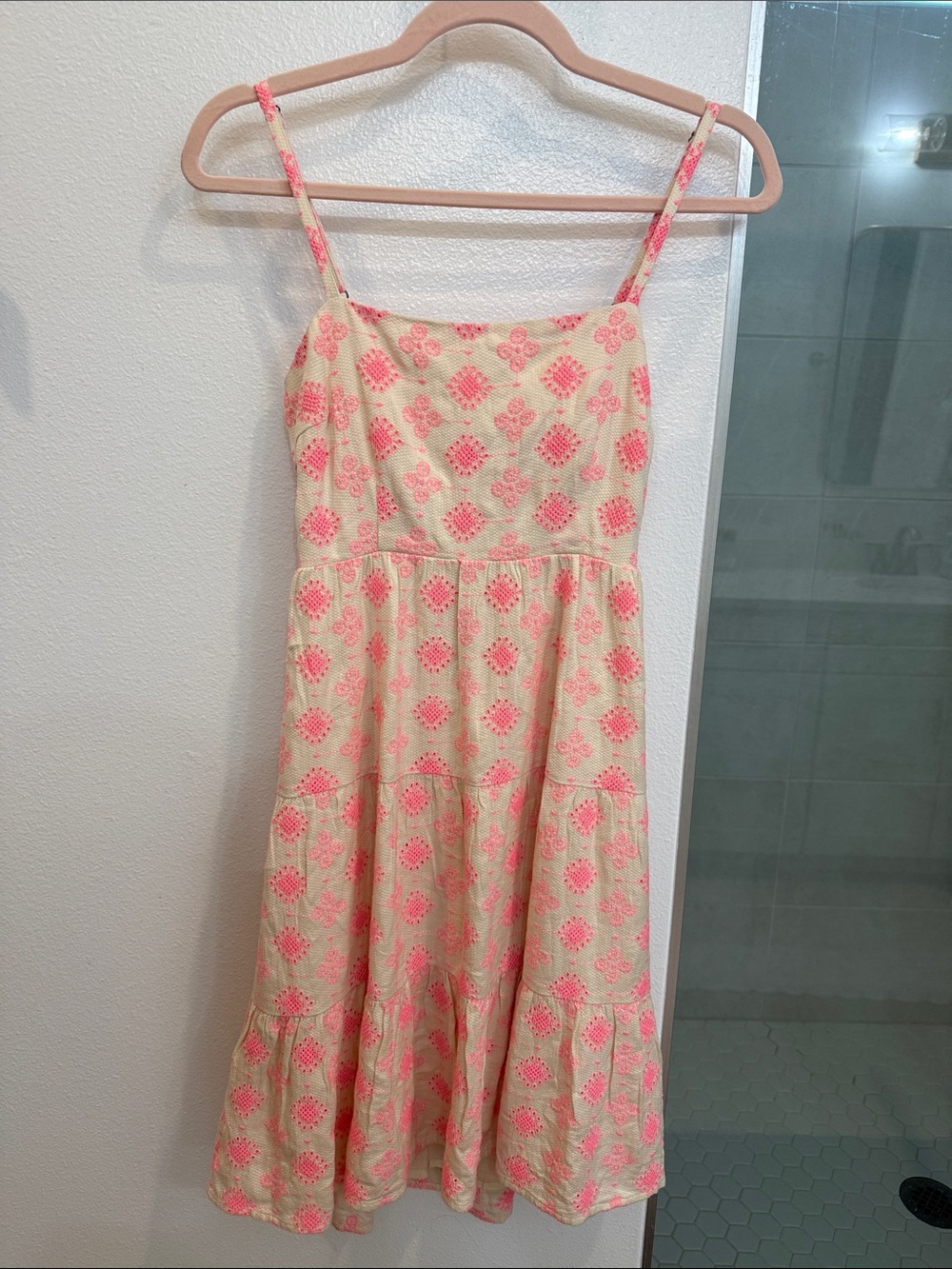 lovestitch Cream Midi Dress with Pink Floral Embroidery